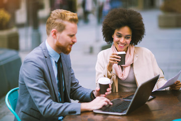 Business people using laptop at outdoor. Business and coworker concept