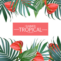 Vector palm leaves and flowers poster. Tropical banner. Stylish background with exotic plants. Hawaiian blooming design. Botanical frame. Card with banana leaf and tropic floral. Flower bouquet.