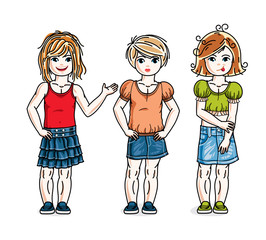 Different cute little girls standing in stylish casual clothes. Vector set of beautiful kids illustrations. Childhood and family lifestyle clip art.