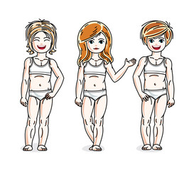 Different little girls cute children standing in white underwear. Vector kids illustrations set.