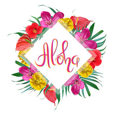 Aloha lettering. Vector frame with exotic flowers and palm leaves. Tropical summer design. Greeting card.  Hawaiian style, Trendy design.