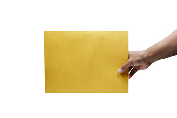 adult hand holding the brown envelope  on white background isolated