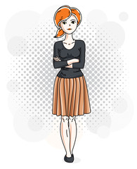 Happy pretty young redhead woman standing on modern background with bubbles and wearing casual clothes. Vector character.