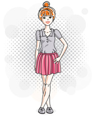 Attractive young red-haired woman standing on modern background with bubbles and wearing casual clothes. Vector human illustration.