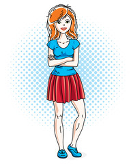 Attractive redhead woman posing on decorative backdrop with bubbles and circles and wearing casual clothes. Vector nice lady illustration.