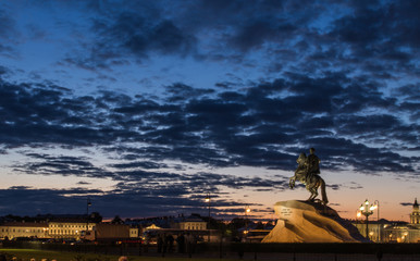 White nights in Saint Petersburg, Russia. The Bronze Horseman (1768 - 1782), an equestrian statue of Peter the Great in the Senate Square. Picturesque sky.