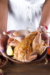 in female hands the chicken in sauce and spices on a plate