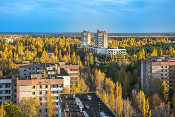 Aerial view of abandoned Pripyat city in Chernobyl Exclusion Zone at autumn time