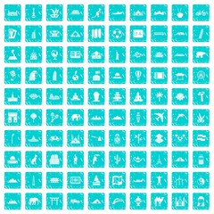 100 world tour icons set grunge blue