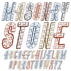 Vector trendy ancient capital English alphabet letters collection. Bold condensed italic font, typescript can be used in art creation. Created using dimensional masonry design.