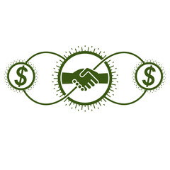 Successful Business creative logo, handshake deal sign, vector conceptual symbol isolated on white background. Special and unique sign.