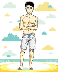 Handsome young man standing on tropical beach in bright shorts. Vector athletic male illustration. Summer vacation lifestyle theme cartoon.