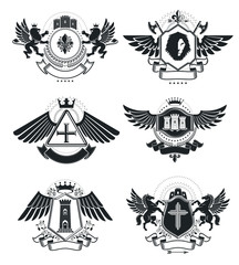 Luxury heraldic vectors emblem templates. Vector blazons. Classy high quality symbolic illustrations collection.