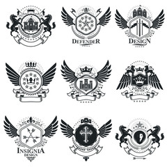 Vintage award designs, vintage heraldic Coat of Arms. Vector emblems. Vintage design elements collection.