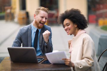 Business people using laptop at outdoor. Business and coworker concept