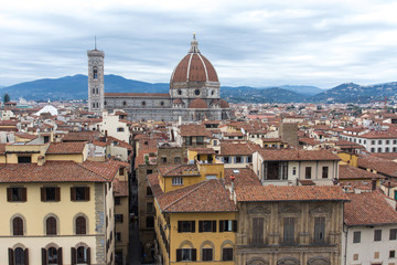 Fototapeta na wymiar Panorama of the city historical center with Cathedral of Saint Mary of the Flowers (Cattedrale di Santa Maria del Fiore), UNESCO World Heritage site. Florence, Tuscany, Italy. A top view.