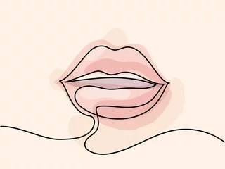Fotobehang Continuous line drawing. Beautiful Woman s lips logo. Pastel soft color outline vector illustration. Concept for logo, card, banner, poster, flyer © Valenty