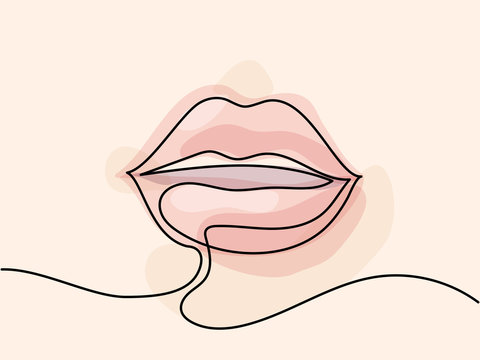 Continuous line drawing. Beautiful Woman s lips logo. Pastel soft color outline vector illustration. Concept for logo, card, banner, poster, flyer