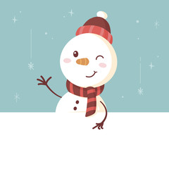 Cute snowman standing behind the white banner and showing something with finger vintage retro vector cartoon illustration