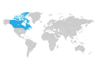 Canada marked by blue in grey World political map. Vector illustration.