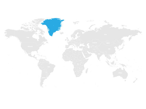 Greenland, autonomous constituent country of Denmark, marked by blue in grey World political map. Vector illustration.