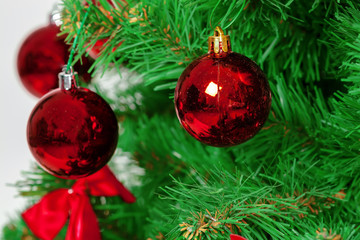 Christmas tree with ornaments, close-up