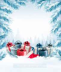 Merry Christmas Background with branches of tree and colorful gift boxes.Vector