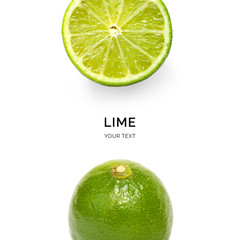 Creative layout made of lime on the white background. Flat lay. Food concept. Macro  concept.