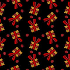 Fototapeta na wymiar Seamless pattern with little gift embroidery stitches imitation