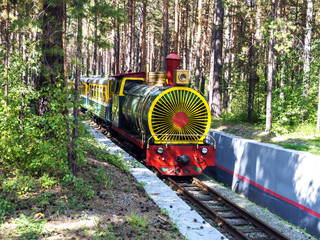 Vintage steam powered railway train. Steam train on a park background. Retro steam locomotive passes through the park. Railroad travel, railway tourism. Children transportation.