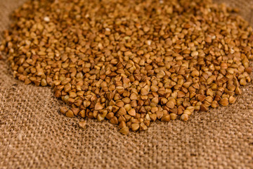Pile of the raw buckwheat on sackcloth