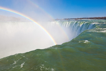 Aufnahme der oberen Abruchkante der Niagarafälle in Kanada mit herabstürzendem Wasser und Gischt mit Regenbogen im Sommer 2013