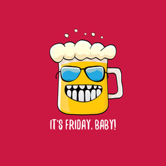 Its friday baby vector concept illustration with funky beer character isolated on red background.