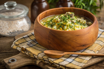 Soup with barley and chicken gizzards.