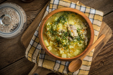 Soup with barley and chicken gizzards.