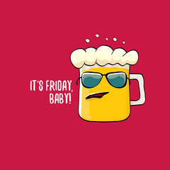 Its friday baby vector concept illustration with funky beer character isolated on red background.