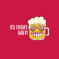 Its friday baby vector concept illustration with funky beer character isolated on red background.