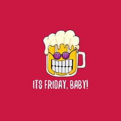Its friday baby vector concept illustration with funky beer character isolated on red background.