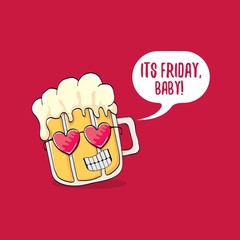 Its friday baby vector concept illustration with funky beer character isolated on red background.