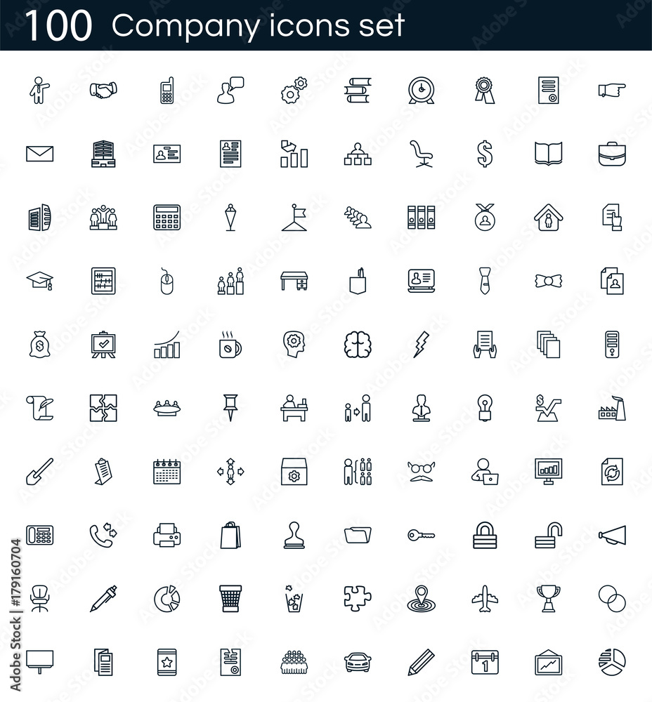 Poster Company icon set with 100 vector pictograms. Simple outline business icons isolated on a white background. Good for apps and web sites.