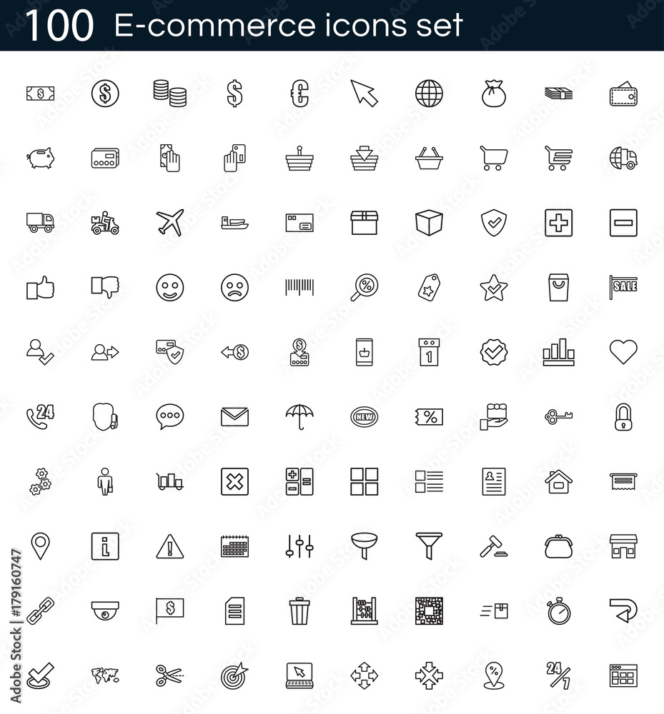 Poster e-commerce icon set with 100 vector pictograms. simple outline shopping icons isolated on a white ba