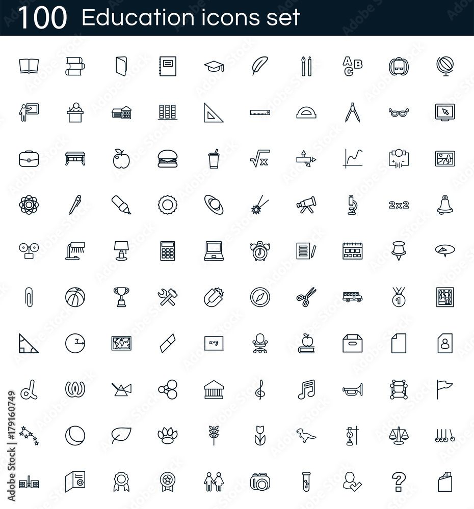 Poster education icon set with 100 vector pictograms. simple outline school icons isolated on a white backg