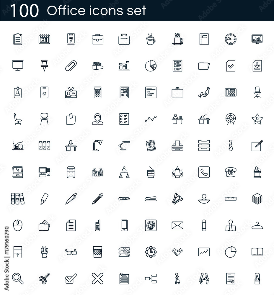 Poster Office icon set with 100 vector pictograms. Simple outline business icons isolated on a white background. Good for apps and web sites.
