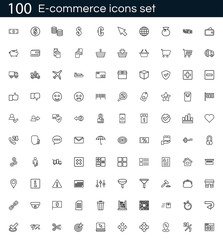 E-commerce icon set with 100 vector pictograms. Simple outline shopping icons isolated on a white background. Good for apps and web sites.