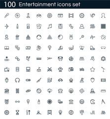 Fototapeta na wymiar Entertainment icon set with 100 vector pictograms. Simple outline fun icons isolated on a white background. Good for apps and web sites.