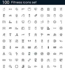 Fitness icon set with 100 vector pictograms. Simple outline gym icons isolated on a white background. Good for apps and web sites.