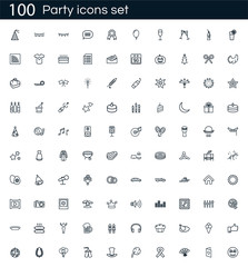Party icon set with 100 vector pictograms. Simple outline celebration icons isolated on a white background. Good for apps and web sites.