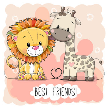 Cute Lion and Giraffel on a pink background