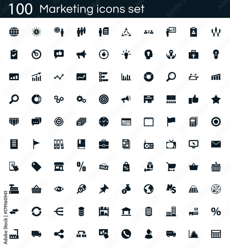 Sticker Marketing icon set with 100 vector pictograms. Simple filled business icons isolated on a white background. Good for apps and web sites.