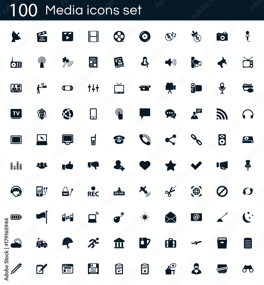 Poster Media icon set with 100 vector pictograms. Simple filled icons isolated on a white background. Good for apps and web sites.